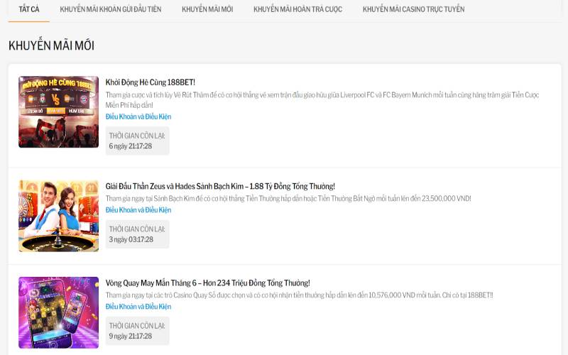 Tổng hợp khuyến mãi 188BET không thể bỏ qua