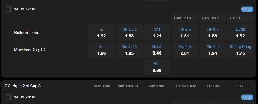 Ví dụ thực hành tham gia kèo chấp 2 trái